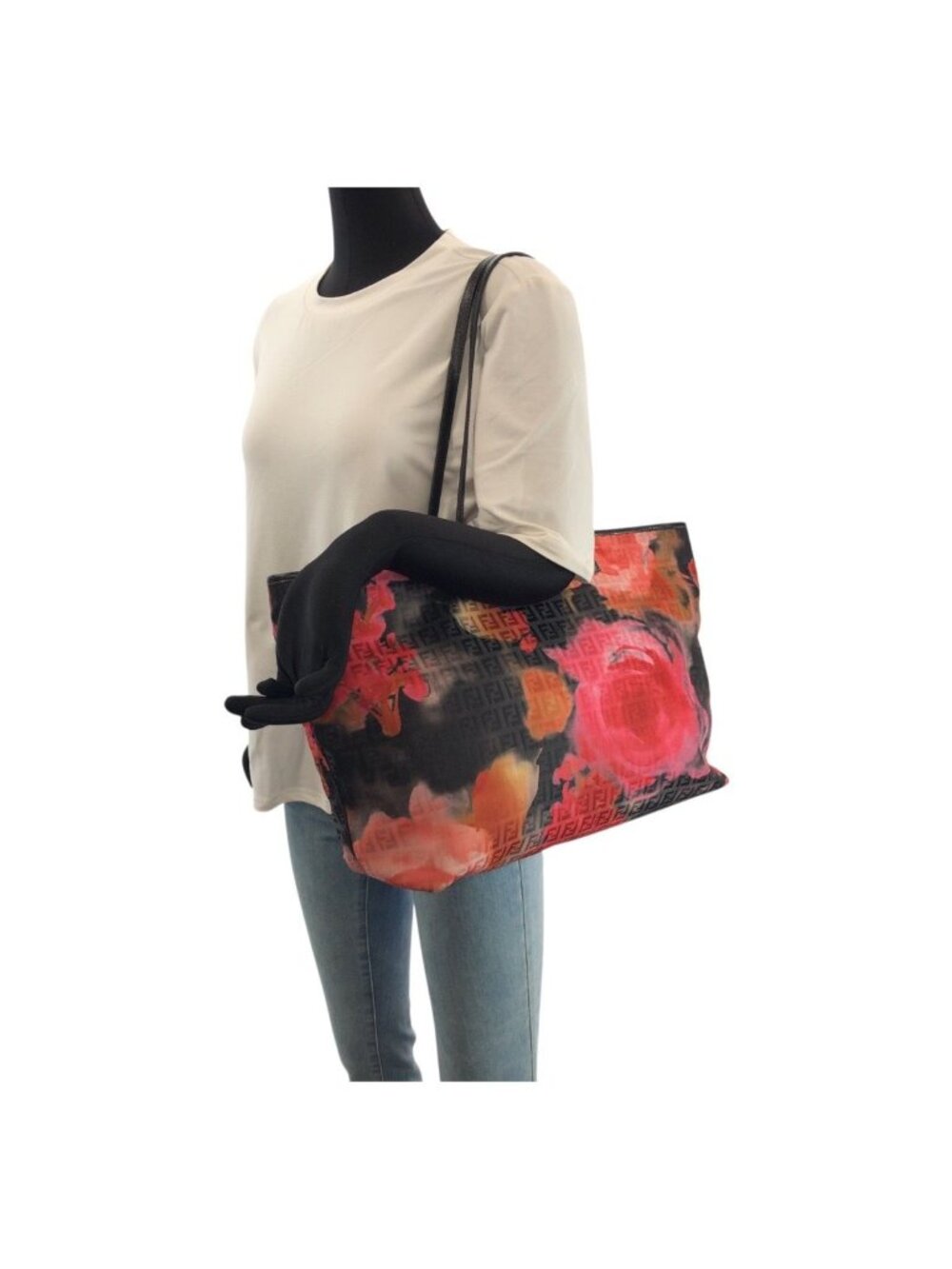 Fendi Zucchino Floral Black Pink Orange Nylon Leather Tote Shoulder Bag - Picture 7 of 9